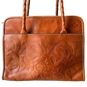Patricia Nash Large Tooled Rose Brown Florence Leather 3 Compartment Satchel Bag